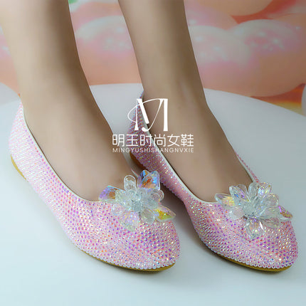 Flat Crystal Shoes with Round Toe, Handmade Pink Jelly Diamond Glass Flower Design, Casual Shopping Wedding Shoes, Women's Single Shoes