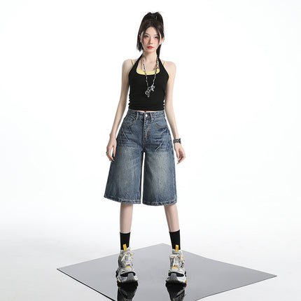 Raccoon House # American Retro Design Niche Lightning Denim Shorts Women's High-Waisted Loose Straight Wide-Leg Cropped Pants
