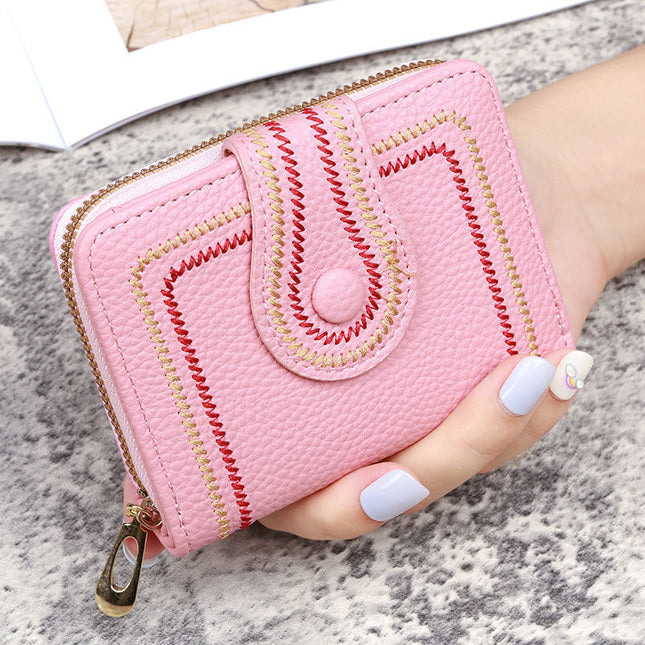 New Korean Style Women's Short Bag Zipper Buckle Wallet Pebbled Embroidered Solid Color Coin Purse Id Card Holder