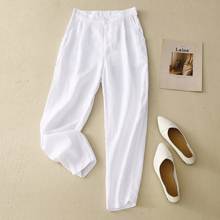 Real shot 202 summer new cropped plus size casual solid color linen leggings women's high waist slim Harlan pants