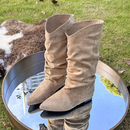 Pleated Slouch Boots for Women 2025 New British Style Chunky Heel Trendy Street Slip-On Boots Over-The-Knee Comfortable Mid-Calf Boots