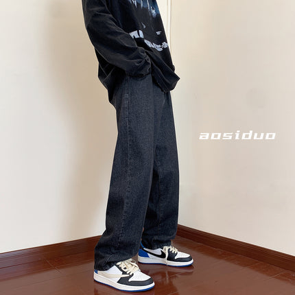 Men's Loose Casual American-Style Jeans, Washed Vintage Blue Floor-Length Casual Pants, Straight-Leg Jeans