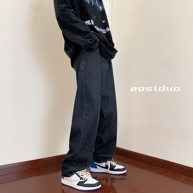 Men's Loose Casual American-Style Jeans, Washed Vintage Blue Floor-Length Casual Pants, Straight-Leg Jeans