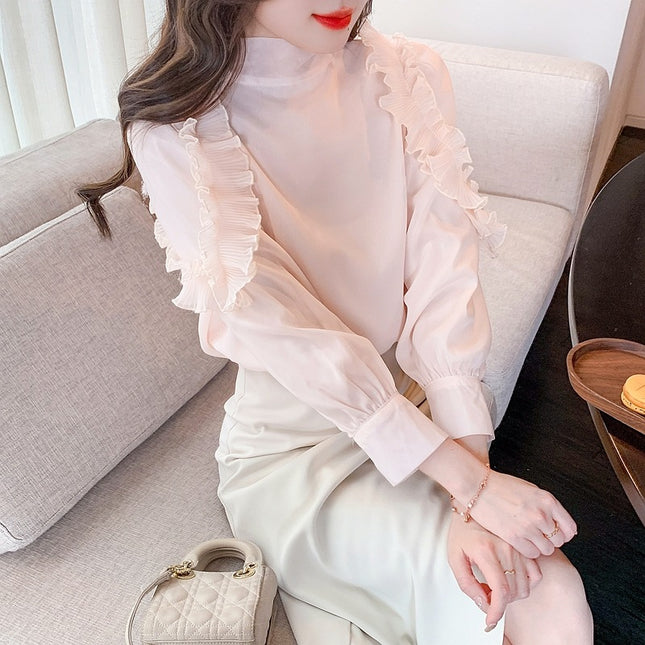 Early Spring 2025 New French Style Cold Design Sense Niche Wear Solid Color Collar Lace Chiffon Shirt