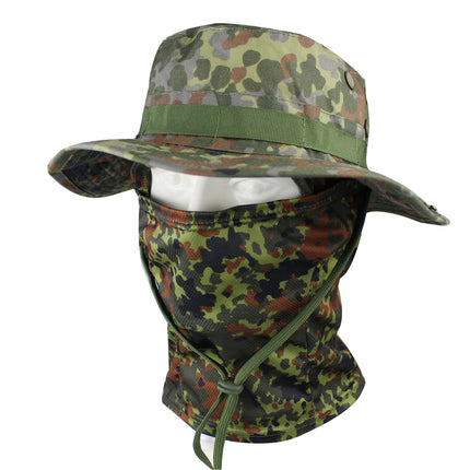 Outdoor Tactical Fisherman Hat Camo Penny Hat Summer Mountaineering Training Sunshade Round Edge Hat Mask Two-piece Set