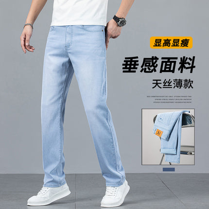 2025 Light Tencel Jeans Men's Straight Tube Loose Summer Thin Blue and White High-end light blue Casual Trousers