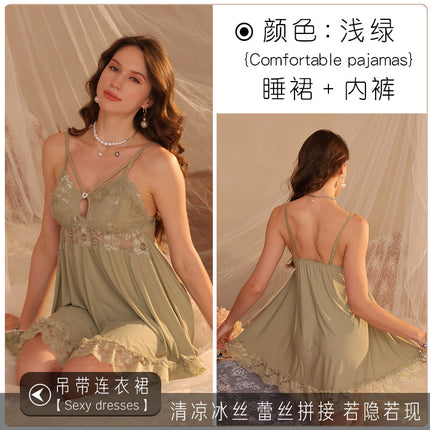Factory Direct Sales Summer Nightgown, Pajamas, Female Sexy Backless Suspenders, Pure Lust Style Home Clothes Two-Piece Set, One Piece Drop Shipping