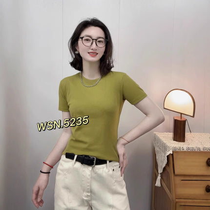 2025 summer new casual round neck solid color pullover short sleeve T-shirt women's top 5235