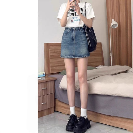 Blue Denim Short Skirt for Women, New Summer Style, Petite Pear-Shaped Figure, Plus Size, Slimming, Body-Hugging A-Line Skirt