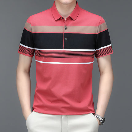 Mingdi Mouse Men's Summer New Pure Cotton Short-sleeved Men's T-shirt Striped Casual Lapel Large Size Men's Polo Shirt
