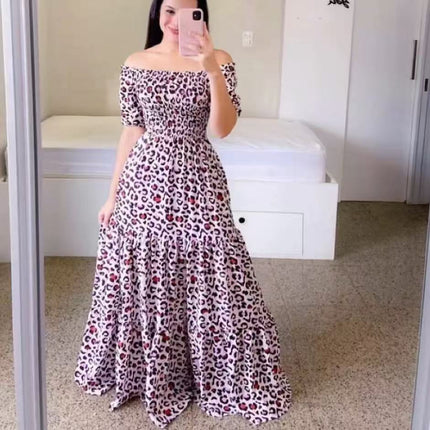 2025 cross-border new spring and summer European and American women's dress off-shoulder floral fashion off-shoulder long printed skirt