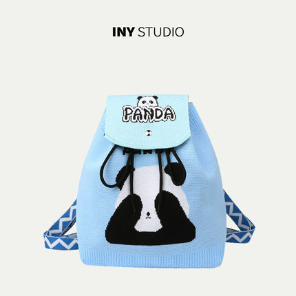 Grandpa Panda Cartoon Knitted Bag Women's Handbag Spring and Summer Popular Large Capacity Shoulder Drawstring Bag Versatile Backpack