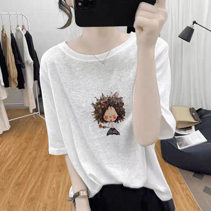 Trendy Summer New Korean Style Snowflake Cotton T-Shirt Round Neck Funny Printed Thin Casual Style Large Size Bottoming Shirt