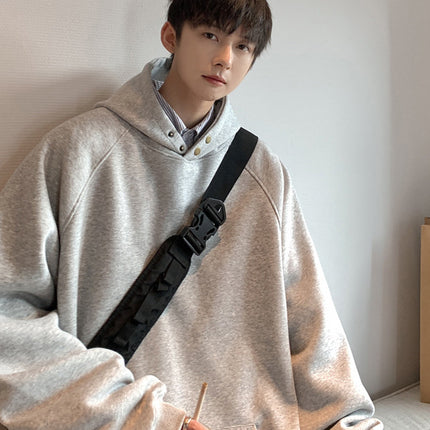 Intfeday American Retro Windproof Buckle Design Hooded Sweatshirt Men's Autumn and Winter Heavy Pure Color Pullover Hoodie