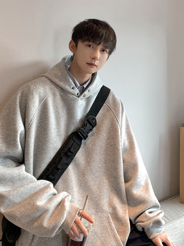 Intfeday American Retro Windproof Buckle Design Hooded Sweatshirt Men's Autumn and Winter Heavy Pure Color Pullover Hoodie