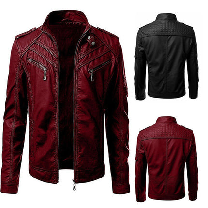 2020 Autumn Casual Foreign Trade Leather Jacket for Men Wish Hot Sale European and American Color Patchwork Stand Collar Top Coat