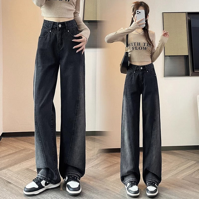 Black and White Gradient Design Sense Wide-leg Jeans Women's Trendy All-match Explosive High Waist Slimming Straight Long Pants