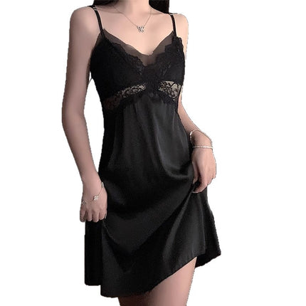 Nightgown for Women Spring and Summer with Breast Pad Suspender Pajamas Set 2025 New Ice Silk Sexy Lace Pure Lust Style Home Wear