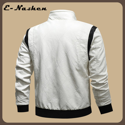 European and American Men's Leather Jacket New Style Stand Collar Removable Hooded Motorcycle Leather Jacket Fashionable Black and White Color Matching Large Size Men's Clothing