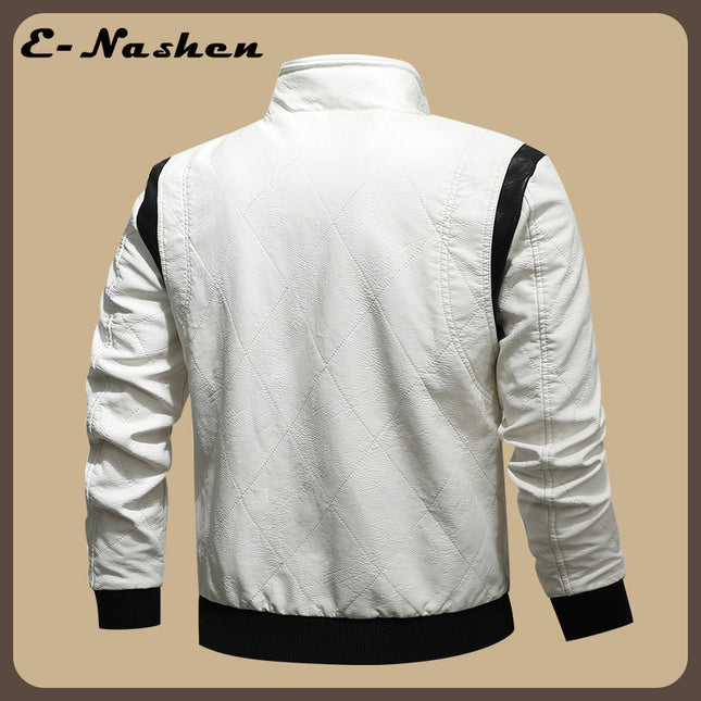 European and American Men's Leather Jacket New Style Stand Collar Removable Hooded Motorcycle Leather Jacket Fashionable Black and White Color Matching Large Size Men's Clothing