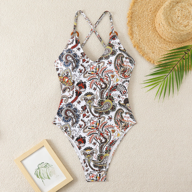 2025 new printed cross slim one-piece swimsuit ladies European and American sexy one-piece bikini swimsuit manufacturers