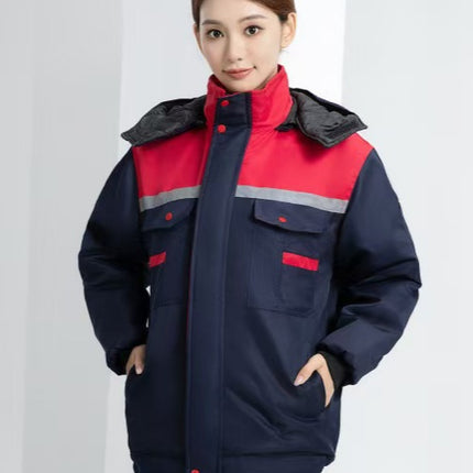Winter Thickened Jacket, Mid-Length Workwear with Patchwork Shoulders, Cotton-Padded Jacket for Auto Repair, Construction Site, Factory, Cold Storage, and Warmth