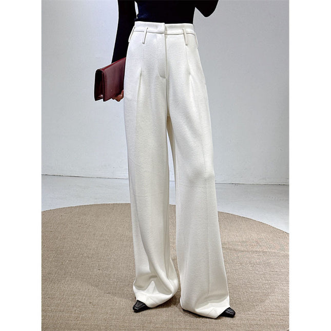 Autumn and winter new white pants with acetate wool high waist wide leg pants women's wool suit pants tall soft waxy
