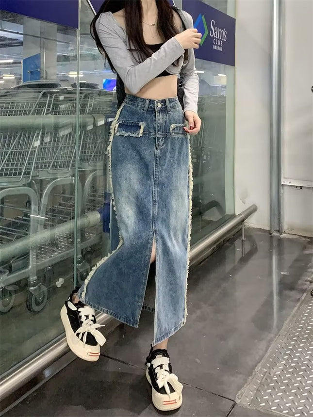 Autumn Korean High-waisted Denim Skirt for Women 2024 New Pear-shaped Figure Mid-length Cover-up A-line Skirt