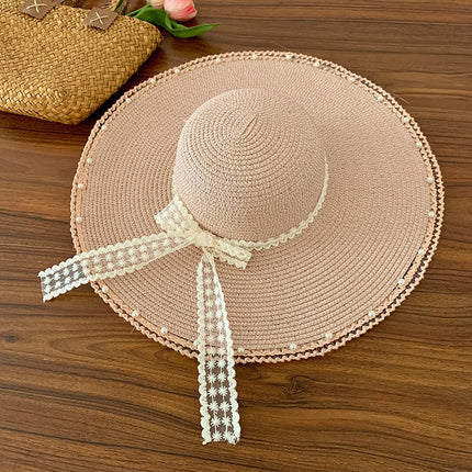 [Great Value] French Style Socialite Flat Top Hat 2025 New Summer Elegant Pearl String Sunshade Woven Straw Hat