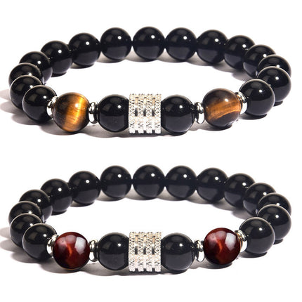 Foreign Trade Jewelry European and American Men's Beaded Bracelets Trendyy Stainless Steel t Tiger Eye Black Bright Stone Men's Bracelet Jewelry