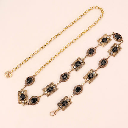 Cross-Border Vintage Bohemian Rhinestone Belt, Fashionable Hollow-Out Antique Silver Chain, European and American Luxury Rhinestone Waist Chain