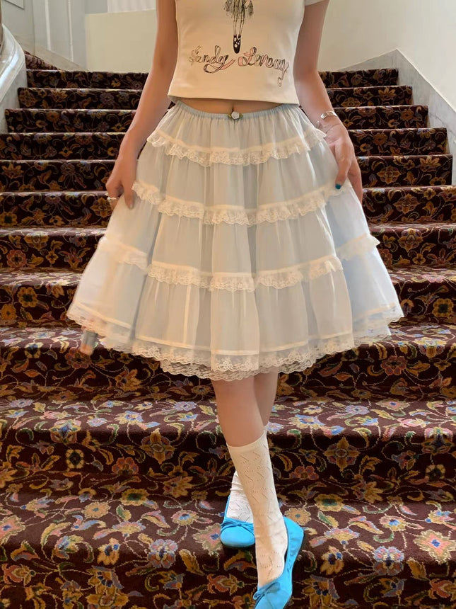 Le Roug Meimei Auracore Light Blue See-Through Silk Lace Layered Skirt