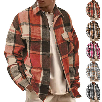 25 Amazon European and American Cross-Border Temu Elegant Lapel Checkered Men's Shirt Retro Brushed Casual Long-Sleeved Jacket
