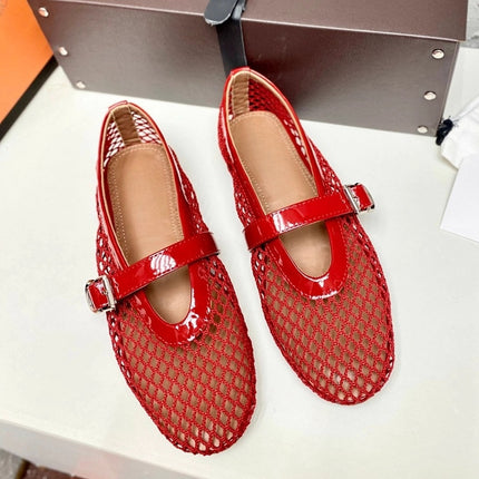 2024 New Fishnet Shoes Hollow Out Ballet Shoes Women's Flat Mesh Retro Mary Jane Shoes