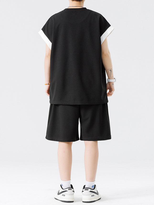 Set of Ice Silk Short-Sleeved T-Shirts and Shorts, Two-Piece Set for Teenagers, Trendy Men's Clothing, Boys' Casual Suits