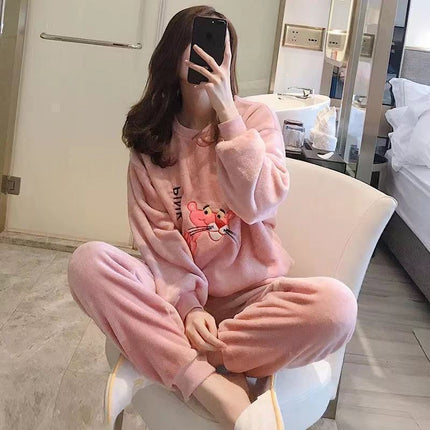 2024 New Autumn and Winter Coral Velvet Cartoon Stripesd Women's Pajamas Thickeneded and Wearable Home Wear Set