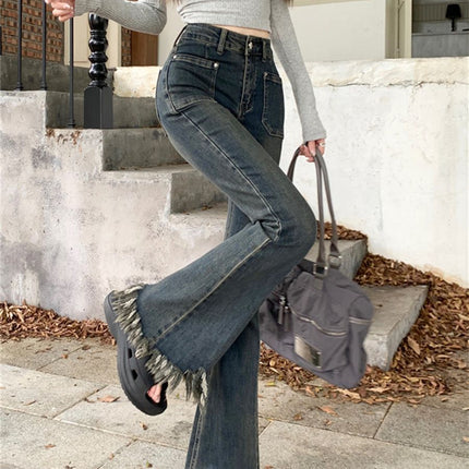 Tassel Flared Jeans for Women, Autumn 2025 New High-Waisted Stretchy Slim-Fit Frayed Bell-Bottom Floor-Length Pants