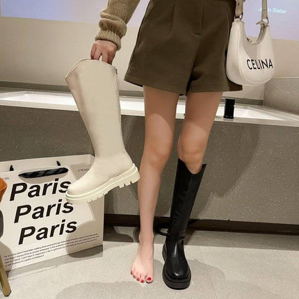 New Autumn and Winter Platform Thick-Soled High Boots for Women, Fleece-Lined, Height-Increasing, Slimming Knight Boots, Large-Toe Zipper Boots