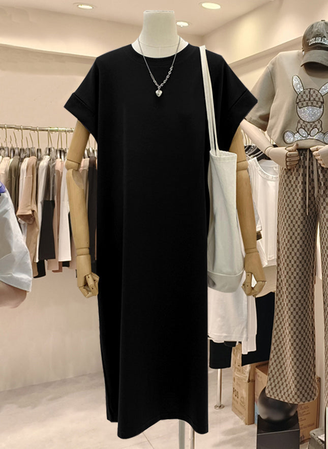 plus size Short-sleeved Cotton Mid-length Dress Women's 2025 Summer New All-match Loose Long Dress Flying Sleeve Split dress