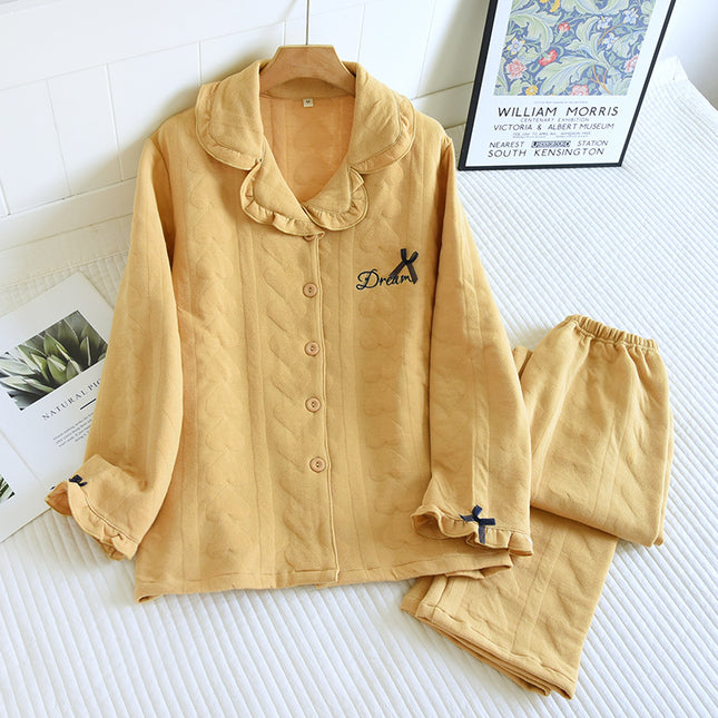 Autumn and Winter New Quilted Pajamas Medium Thick Heart Air Layer Women's Home Clothes Solid Color Casual Long Sleeve Trousers