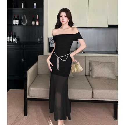 Cross-border 2025 Summer New French Style All-match Simple Elegant off-shoulder Pleated Mesh dress Women's Fishtail Dress