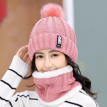 Warm two-piece cap scarf letter logo knitted wool hat winter knitted women's hat fur ball fleece-lined ear protection