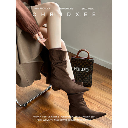 Cowhide Version ~ French Style Kitten Heel Short Boots, Feminine Slimming Look Pointed Toe Pile Boots, Suede Stiletto Slim Boots