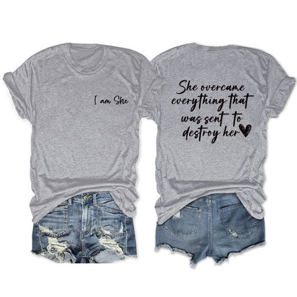 Amazon double-sided printed summer round neck short sleeve she overcame everthing loose all-match T-shirt