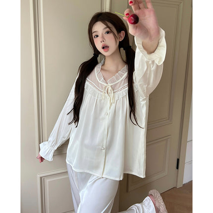 Cream Lace-up French Princess Style Women's Pajamas Spring and Summer Long Sleeve Ice Silk Comfortable Home Clothes suit