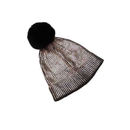 Cross-border laser hat metallic cold hat men and women couple knitted hat hip hop tide hat bronzing silver with fur ball hat