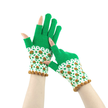 Women's autumn and winter warm touch screen exposed two-finger student writing adult office wool knitted half-finger gloves for men