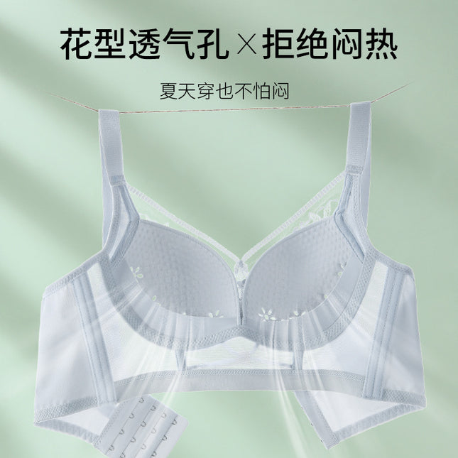 Spring and summer new thin hole cup bra gathered without steel ring lace underwear women's anti-sagging manufacturers on behalf