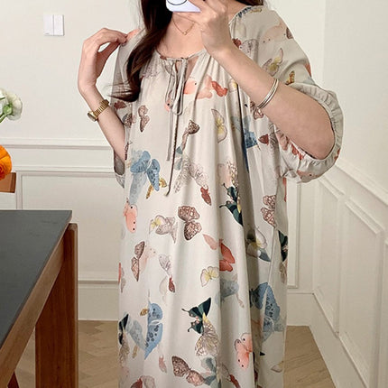 Mishiti Cotton Silk New Chinese Style Short-Sleeved Nightgown for Women, Summer Thin Style, National Style Cotton Silk Home Wear, Can Be Worn Outside