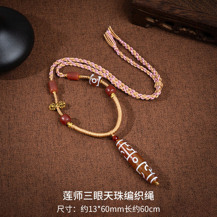 Natural Xizang Yellow Nine-Eyed Dzi Bead Necklace Multi-Totem Agate Pendant Couple Style Braided Necklace Ready for Sale